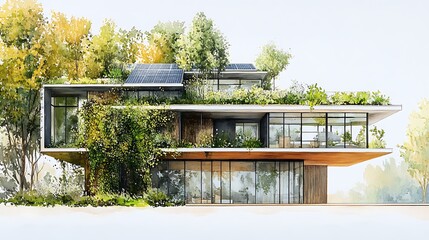 Wall Mural - Watercolor Illustration of a Modern House with a Green Roof and Solar Panels.