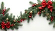 © Irina Mikhailichenko - Christmas tree corner border with green fir branches, red bow, berries and gold lights isolated on white background. Pine, xmas evergreen plants frame. garland decoration, card with copy space