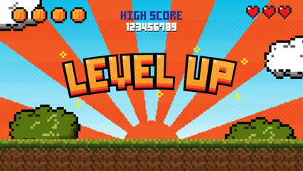 Poster - Pixel art game level up background.Video game level up background. Retro 8 bit video game interface with You Win text, computer game level up background.	