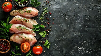Poster - Fresh chicken fillet on a dark concrete table with spices and herbs Preparation for cooking meat dishes : Generative AI