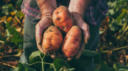 Poster - A farmer's hands holding three freshly harvested potatoes, still covered in dirt, against a backdrop of lush green foliage.