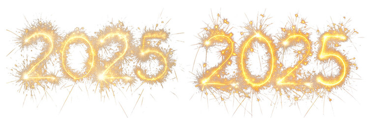 happy new year 2025. burning sparkly text 2025 isolated on a transparent background. beautiful glowi