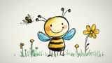 Charming crayon drawing of a smiling bee with flowers, showcasing a playful and cheerful depiction of nature.
