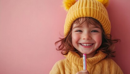 Joyful Child Holding Thermometer Against Pink Clean Background with Studio Lights, Copy Space in Center for Text