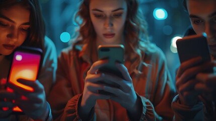 Fototapete - Networking people and group with phone in hands typing email reminder or sharing contact info Business community and team chat with professional social media app or planning collaborat : Generative AI