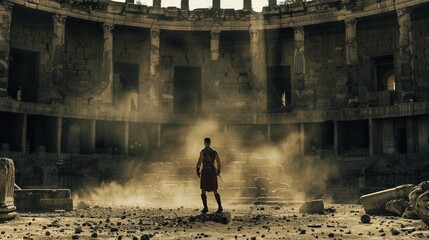 A lone figure stands resiliently in the center of an ancient, sunlit arena, surrounded by scattered ruins and particles of dust, evoking a sense of epic solitude.