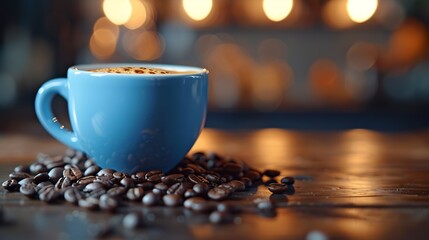 Aufkleber - A cup of aromatic black coffee and coffee beans on the table Morning Coffee Espresso for breakfast in a beautiful blue cup : Generative AI