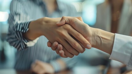 Aufkleber - Business people negotiation and handshake for deal agreement or partnership in office Shaking hands closeup and hiring offer for recruitment b2b collaboration or data analyst at table  : Generative AI