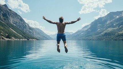 The man jumping into lake