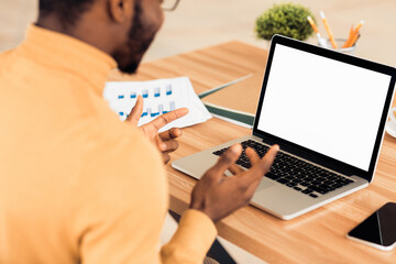 Aufkleber - Problems At Work. Rear view of black manager gesturing, using laptop with white blank screen, mock up, copyspace