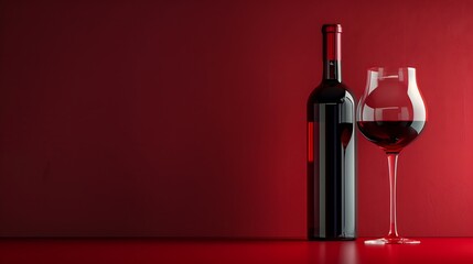 Poster - Bottle and glass of red wine on a red background Copy space : Generative AI