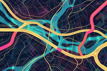 Aufkleber - Colorful and vibrant abstract lines intersect over a stylized map, representing connectivity crucial for logistics and navigation services. Generative AI