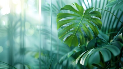 Wall Mural - Tropical monstera plant behind reeded glass panel Abstract botanical background with green foliage Greenhouse architecture interior design Asian indoor garden with palm tree wallpaper : Generative AI