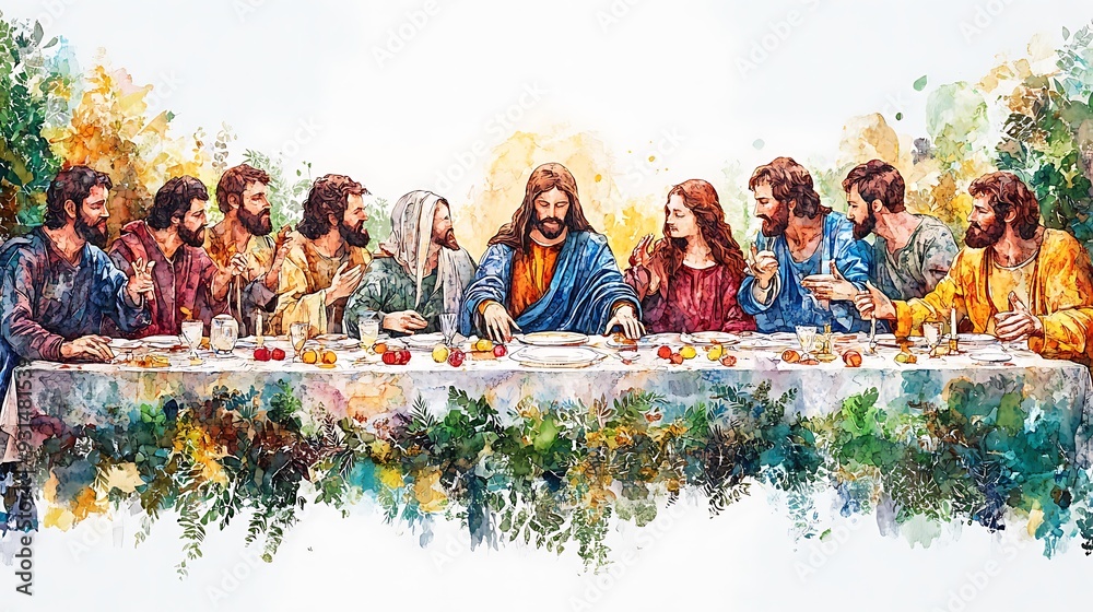 Watercolor Illustration of the Last Supper with Jesus and His Disciples ...
