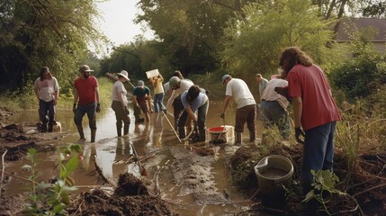 Sticker - Volunteers work together to clear mud and debris from a flood-hit area, united in their efforts to restore the affected community.