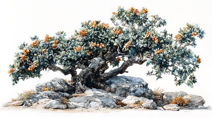 Watercolor painting of a flowering tree growing on rocks.