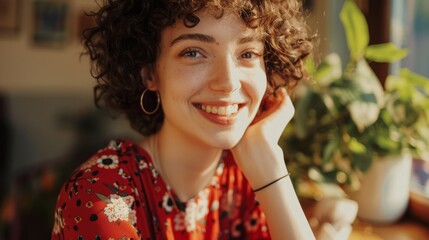 a cheerful woman with curly hair, wearing a red floral dress, smiles warmly while resting her head o