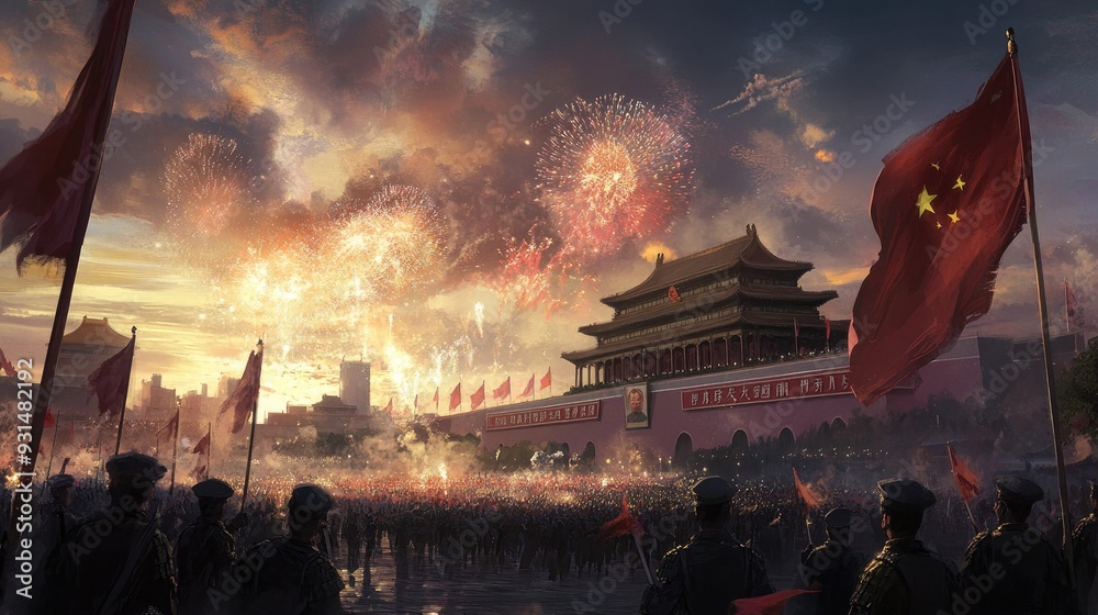 China National Day scene with flags, fireworks, and Tian'anmen Square ...