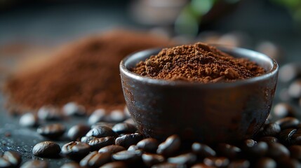Poster - Tamped puck of coffee grounds within basket of portafilter and coffee beans spilled around in a dark and moody scene of natural light : Generative AI