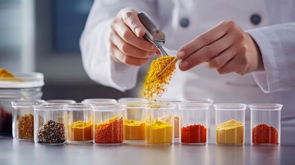 Wall Mural - Close-up of a food product development technician measuring precise quantities of spices, with a light solid color background