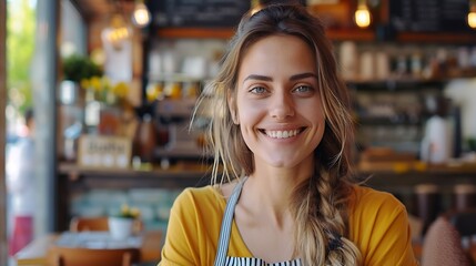 Poster - Happy woman portrait and cafe with laptop for small business management or startup Female person owner or entrepreneur with smile on computer for online service or connectivity at coff : Generative AI