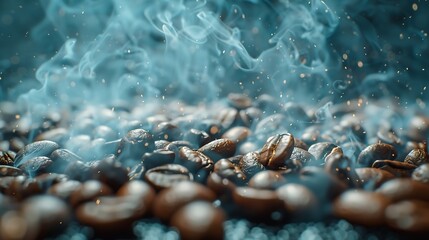 Poster - Coffee beans roasting with smoke  selective focus and soft focus : Generative AI
