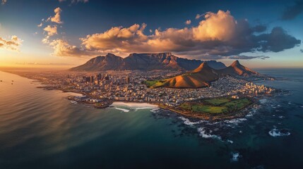 Sunset aerial panorama of Cape Town, with the city sprawling out below Table Mountain, bathed in golden light.