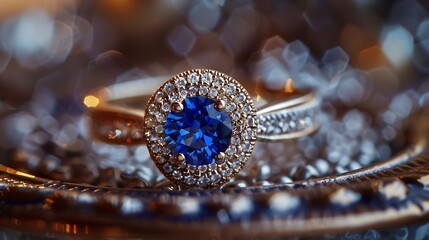 Ring with diamonds and sapphire in a plate with diamonds Jewelery production : Generative AI