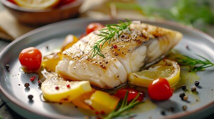 Wall Mural - Take a photo by smart phone of sea bass fillet steak with lemon sauce served with vegetable on plate : Generative AI