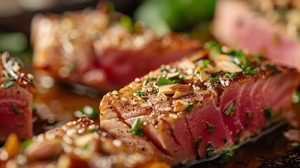 Wall Mural - Lightly seared tuna steak with almonds Close up lightly fried tuna : Generative AI