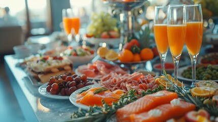 Brunch or lunch in luxury restaurant Table full of delicious food  cheese salmon ham bakery and juices Buffet food in hotel Morning food with various snacks and appetizers : Generative AI