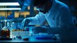 © PondLord - A close-up of a forensic scientist analyzing evidence in a laboratory setting, with various tools and samples in the background