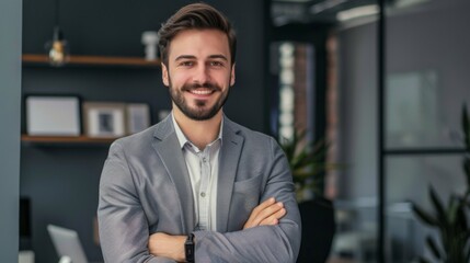 Smiling handsome businessman with crossed arms in modern office, young man exuding confidence, business success concept.