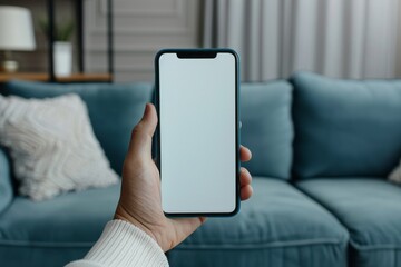 A person holds a phone in a room, augmented reality on a smartphone screen