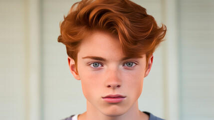 Portrait of a happy serious red-haired confident teenage guy with perfect skin, creamy beige background, banner.