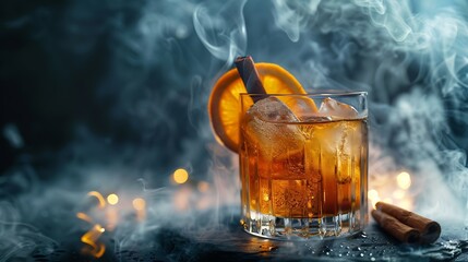 Poster - Smoked old fashioned rum cocktail or whiskey with ice and cinnamon stick  on old black rocks with slice of orange Copy space Dark background with smoke : Generative AI