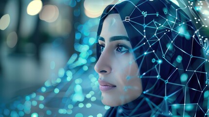 Woman in a Hijab with Digital Network Overlay