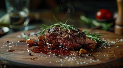 Poster - food restaurant plate table chef gourmet elegant wooden dark meal meat dinner lunch : Generative AI