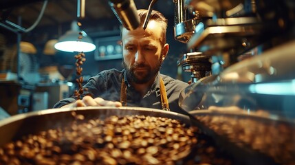 The master controls the coffee roasting in a professional coffee roasting machine Closeup : Generative AI