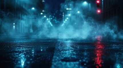 Poster - Dark street of the night city Dark blue background an empty dark scene neon spotlights reflecting on the asphalt floor and a studio room with smoke floating up a night view the city : Generative AI