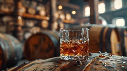 Poster - A glass of bourbon whiskey in old oak barrel Copper alambic and oak barrel on background Traditional alcohol distillery concept : Generative AI