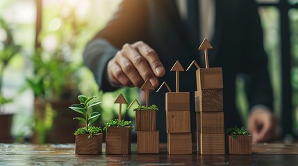 Poster - Businessman stacking arrow on the top of wooden block for business growth and achievement success concept : Generative AI