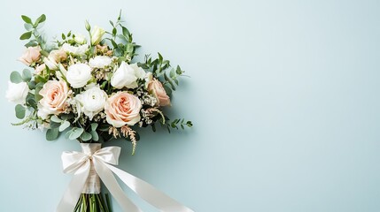 A wedding bouquet wrapped elegantly in satin ribbon, set against a plain background, showcasing simplicity and timeless beauty