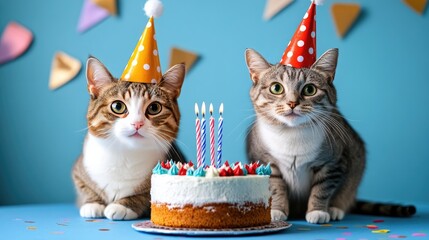 birthday celebration with two cats, party hats on and a cake with candles, joyful blue background