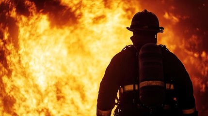 Brave firefighter facing a roaring wall of fire, back turned, flames roaring, a silhouette of resilience and duty in the heat of battle