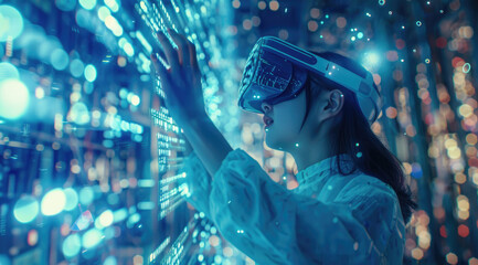 Canvas Print - A woman wearing VR glasses is touching the air with her hands, surrounded by holographic data and code in an industrial environment