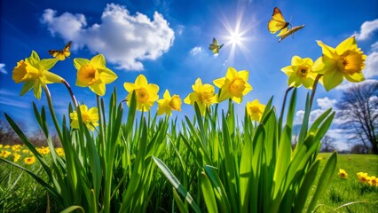 Wall Mural - Vibrant yellow daffodils sway in a sunny meadow, surrounded by fluttering butterflies, set against a brilliant blue sky with puffy white clouds on a serene spring day.