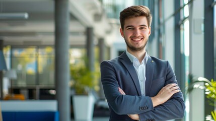 Smiling handsome businessman with crossed arms in modern office, young man exuding confidence, business success concept.