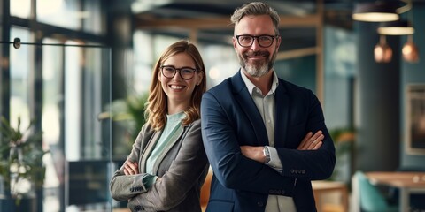 Wall Mural - Two people are standing in a room, one of them is wearing glasses. They are smiling and looking at the camera