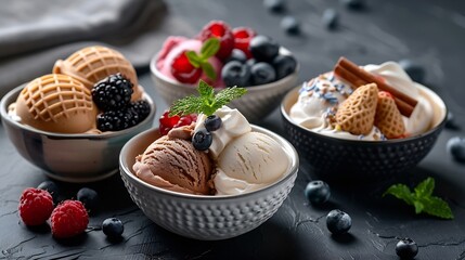 Scopes of various flavour ice cream in small bowls served with berries and other ingredients viewed in closeup on dark table Professional studio shot : Generative AI